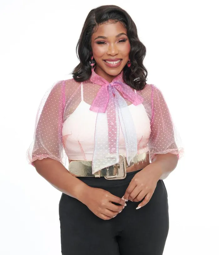 Plus Size 1940s Sheer Rainbow Clip Dot Tie Neck Gwen Blouse ClothingPlus Unique Vintage Blouses