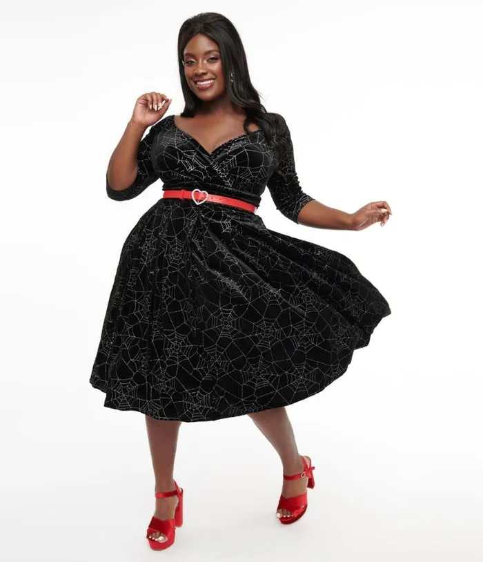 Plus Size 1950s Black Velvet and Silver Spiderweb Marceline Swing Dress DressesHalloweenPlus Unique Vintage Pocket Dresses Plus Size 1950s Black Velvet and Silver Spiderweb Marceline Swing Dress DressesHalloweenPlus Unique Vintage Pocket Dresses