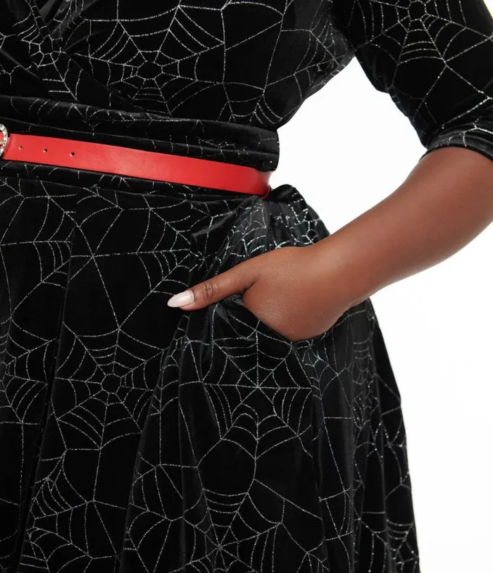 Plus Size 1950s Black Velvet and Silver Spiderweb Marceline Swing Dress DressesHalloweenPlus Unique Vintage Pocket Dresses