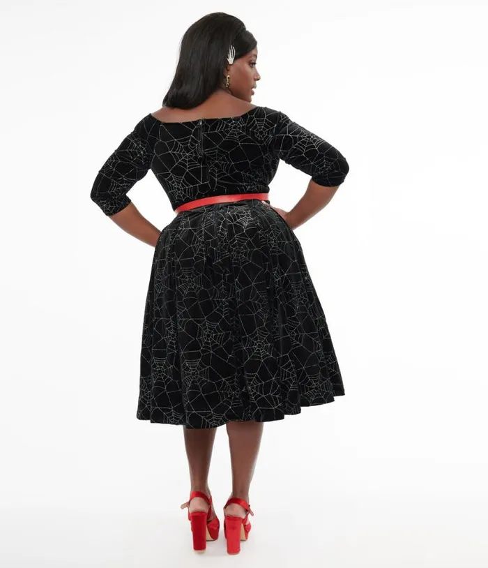 Plus Size 1950s Black Velvet and Silver Spiderweb Marceline Swing Dress DressesHalloweenPlus Unique Vintage Pocket Dresses