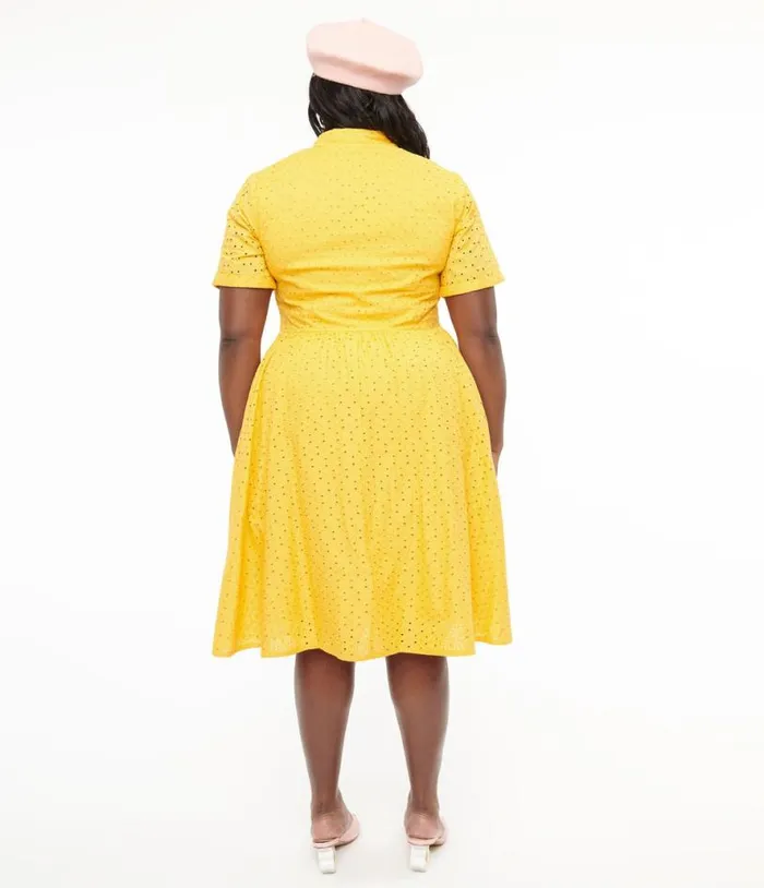 Plus Size 1950s Marigold Eyelet Cotton Harlow Dress DressesPlus Unique Vintage Swing