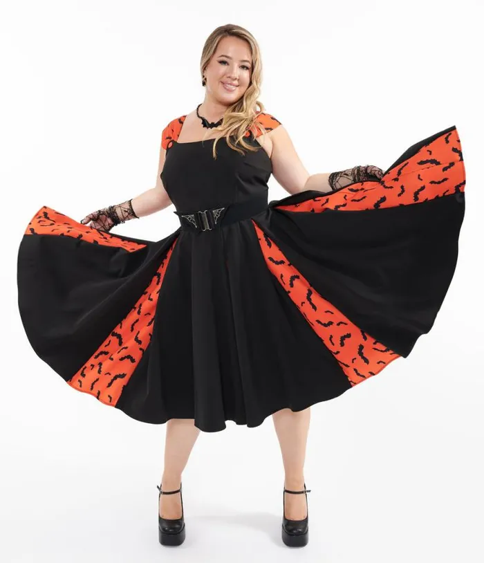 Plus Size 1950s Orange and Black Bat Stripe Swing Dress DressesHalloweenPlus Unique Vintage Pocket Dresses Plus Size 1950s Orange and Black Bat Stripe Swing Dress DressesHalloweenPlus Unique Vintage Pocket Dresses