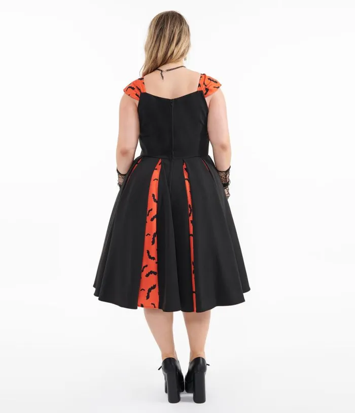 Plus Size 1950s Orange and Black Bat Stripe Swing Dress DressesHalloweenPlus Unique Vintage Pocket Dresses