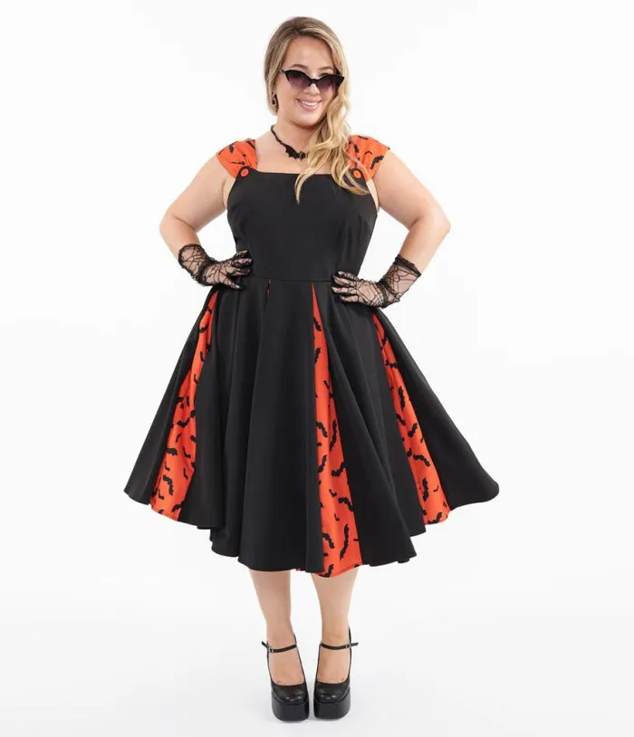 Plus Size 1950s Orange and Black Bat Stripe Swing Dress DressesHalloweenPlus Unique Vintage Pocket Dresses