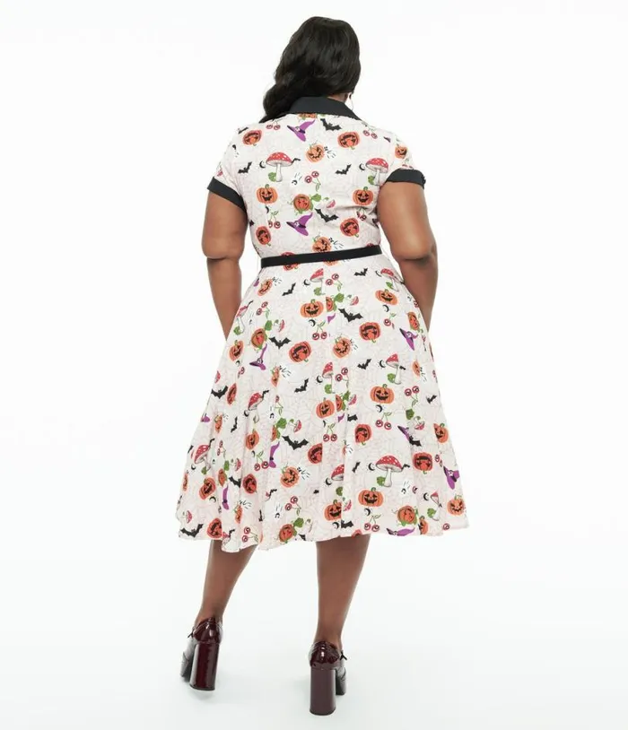 Plus Size 1950s Pink Halloween Print Alexis Swing Dress DressesHalloweenPlus Unique Vintage Pocket Dresses