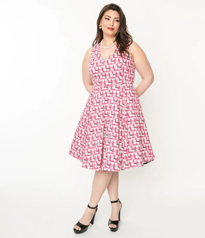 Plus Size 1950s Style Hot Pink Cat Print Sleeveless Swing Dress DressesPlus Unique Vintage Pocket Dresses Plus Size 1950s Style Hot Pink Cat Print Sleeveless Swing Dress DressesPlus Unique Vintage Pocket Dresses