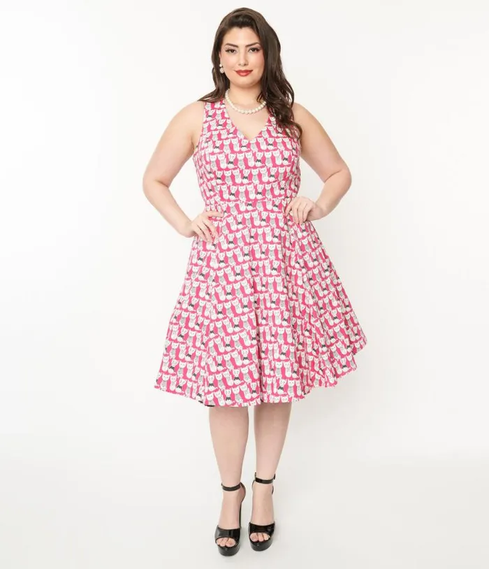 Plus Size 1950s Style Hot Pink Cat Print Sleeveless Swing Dress DressesPlus Unique Vintage Pocket Dresses