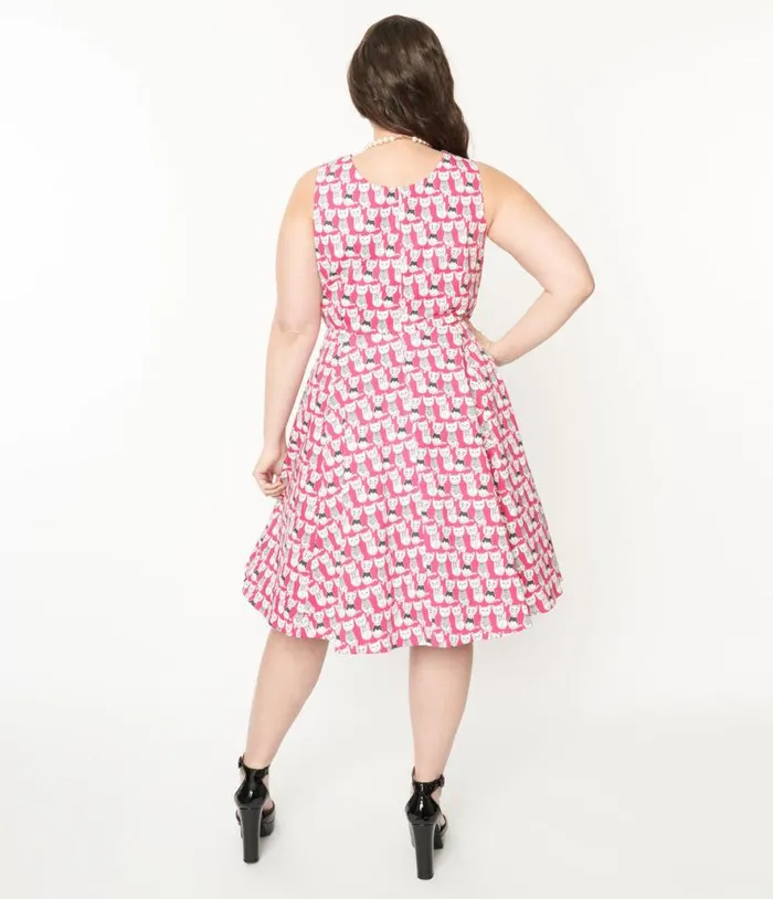 Plus Size 1950s Style Hot Pink Cat Print Sleeveless Swing Dress DressesPlus Unique Vintage Pocket Dresses