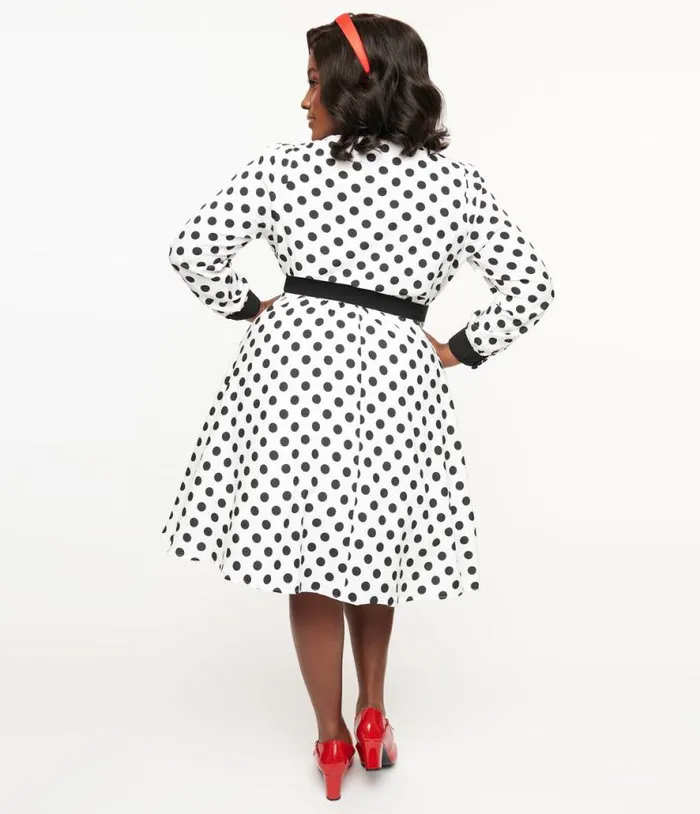 Plus Size 1950s White and Black Polka Dot Tie Neck Swing Dress DressesPlus Unique Vintage Swing