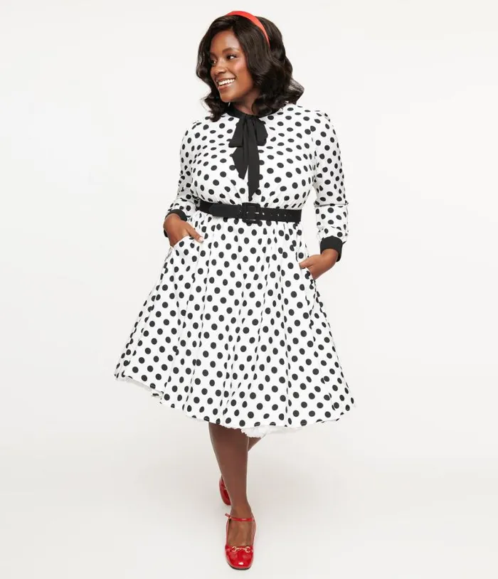 Plus Size 1950s White and Black Polka Dot Tie Neck Swing Dress DressesPlus Unique Vintage Swing