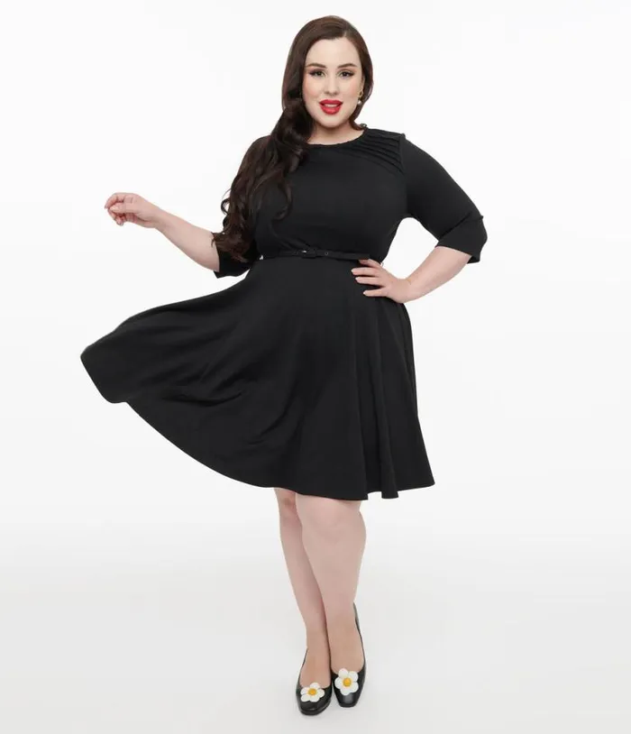 Plus Size 1960s Black Knit Stephanie Fit and Flare Dress DressesPlus Unique Vintage Fit and Flare Plus Size 1960s Black Knit Stephanie Fit and Flare Dress DressesPlus Unique Vintage Fit and Flare