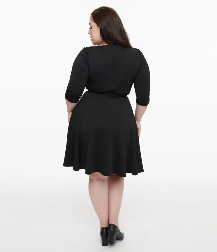 Plus Size 1960s Black Knit Stephanie Fit and Flare Dress DressesPlus Unique Vintage Fit and Flare