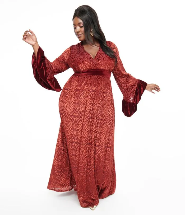 Plus Size 1960s Burgundy Velvet Burnout Maxi Dress DressesPlus Unique Vintage Midi and Maxi