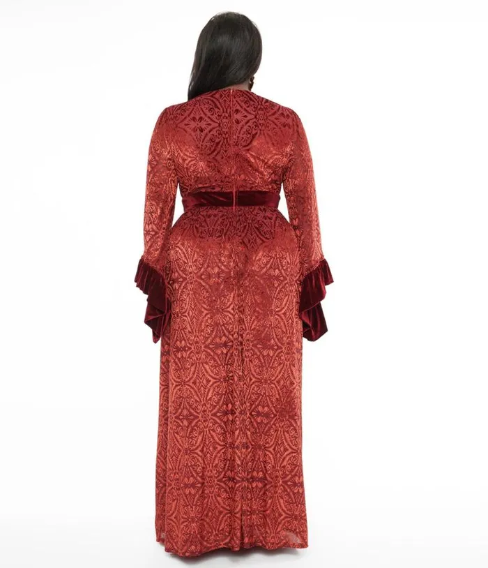 Plus Size 1960s Burgundy Velvet Burnout Maxi Dress DressesPlus Unique Vintage Midi and Maxi