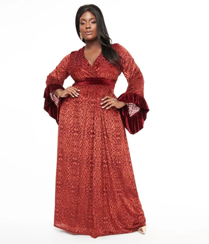 Plus Size 1960s Burgundy Velvet Burnout Maxi Dress DressesPlus Unique Vintage Midi and Maxi