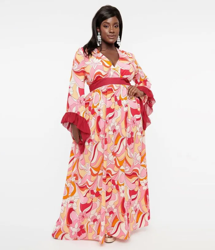 Plus Size 1960s Pink and Red Psychedelic Floral Maxi Dress DressesPlus Unique Vintage Midi and Maxi Plus Size 1960s Pink and Red Psychedelic Floral Maxi Dress DressesPlus Unique Vintage Midi and Maxi