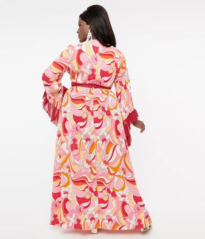 Plus Size 1960s Pink and Red Psychedelic Floral Maxi Dress DressesPlus Unique Vintage Midi and Maxi
