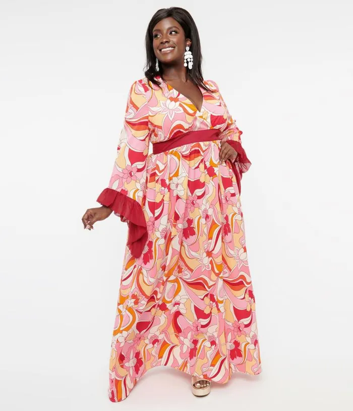 Plus Size 1960s Pink and Red Psychedelic Floral Maxi Dress DressesPlus Unique Vintage Midi and Maxi
