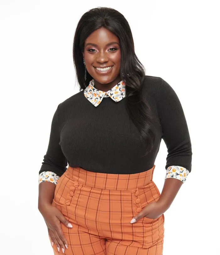 Plus Size Black and White Halloween Print Contrast Sabrina Sweater ClothingHalloweenPlus Unique Vintage Sweaters and Cardigans