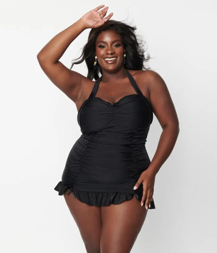 Plus Size Black Halter Swim Dress Plus Unique Vintage One Piece Swim