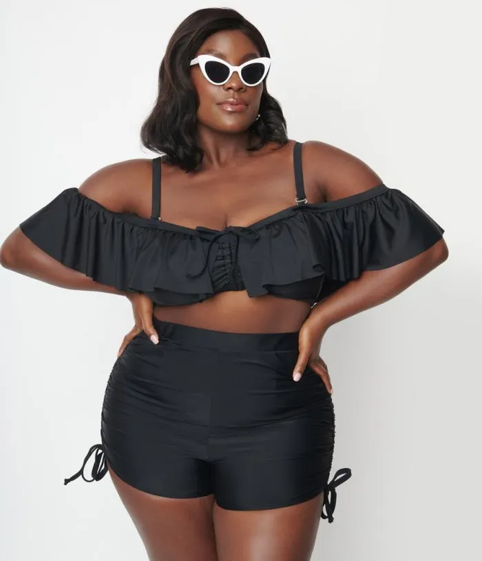 Plus Size Black Pull Tie Swim Shorts Plus Unique Vintage Two Piece Swim