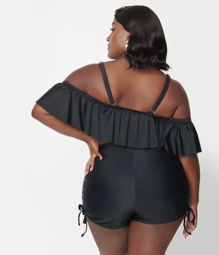 Plus Size Black Pull Tie Swim Shorts Plus Unique Vintage Two Piece Swim