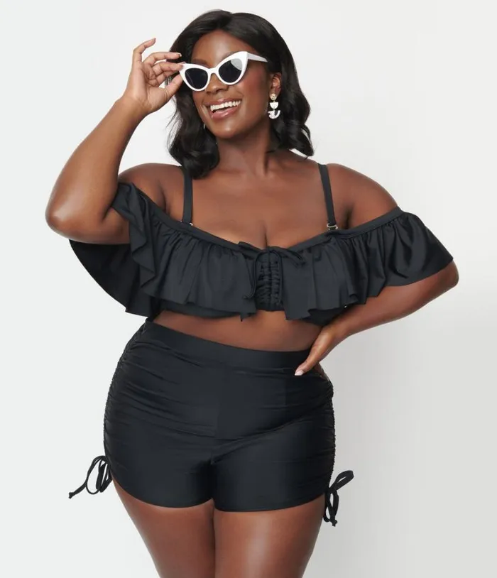 Plus Size Black Pull Tie Swim Shorts Plus Unique Vintage Two Piece Swim