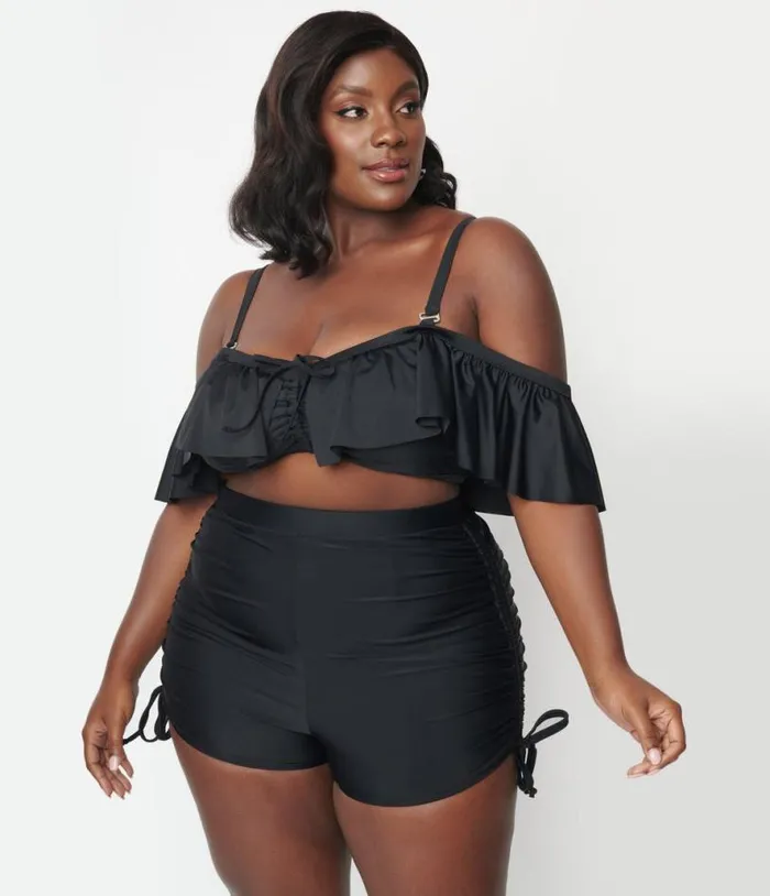 Plus Size Black Pull Tie Swim Shorts Plus Unique Vintage Two Piece Swim