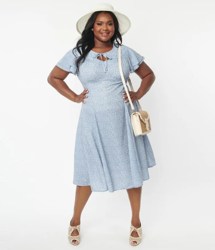 Plus Size Blue and White Floral Print Lydia Swing Dress DressesPlus Unique Vintage Swing Plus Size Blue and White Floral Print Lydia Swing Dress DressesPlus Unique Vintage Swing