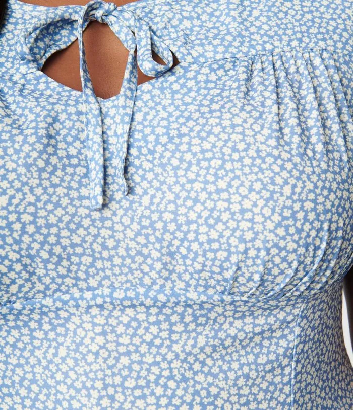 Plus Size Blue and White Floral Print Lydia Swing Dress DressesPlus Unique Vintage Swing