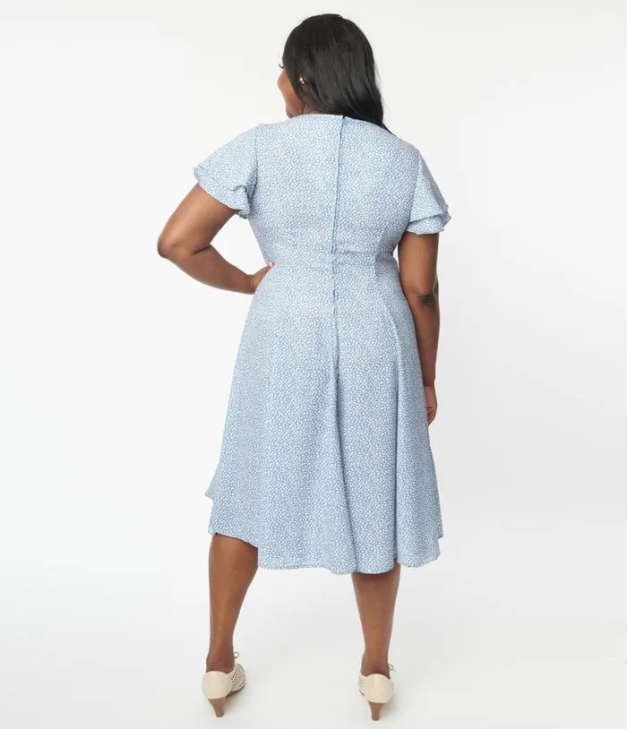 Plus Size Blue and White Floral Print Lydia Swing Dress DressesPlus Unique Vintage Swing