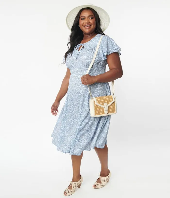 Plus Size Blue and White Floral Print Lydia Swing Dress DressesPlus Unique Vintage Swing