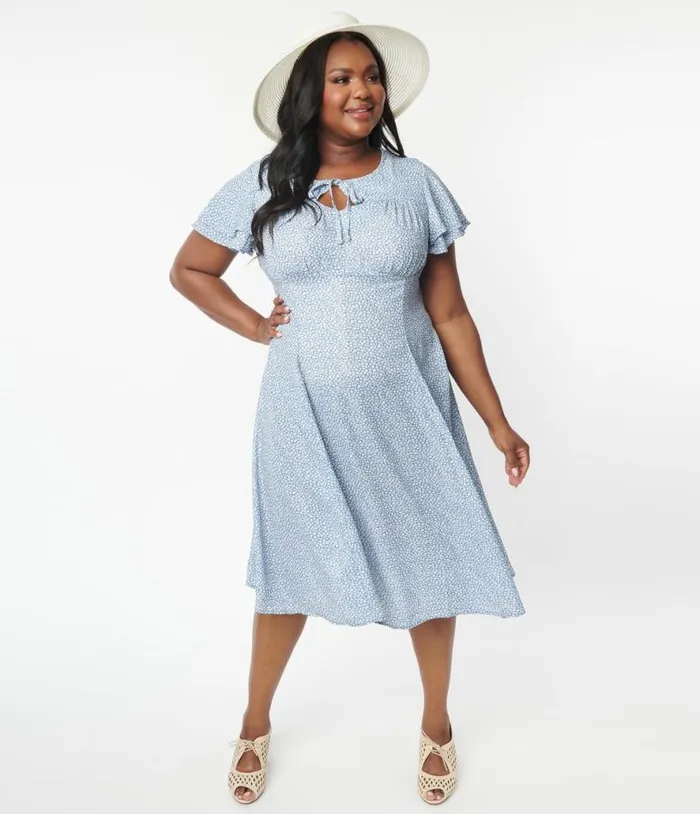 Plus Size Blue and White Floral Print Lydia Swing Dress DressesPlus Unique Vintage Swing