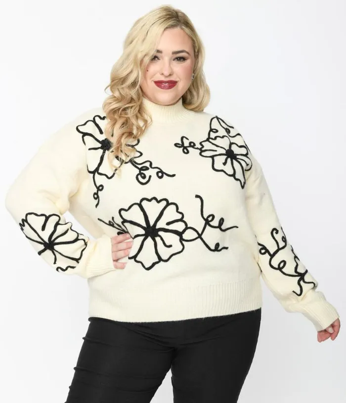 Plus Size Cream and Black Floral Embroidered Mock Neck Sweater ClothingPlus Unique Vintage Sweaters and Cardigans Plus Size Cream and Black Floral Embroidered Mock Neck Sweater ClothingPlus Unique Vintage Sweaters and Cardigans