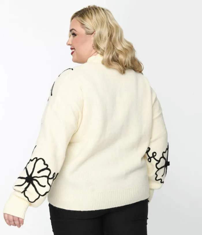 Plus Size Cream and Black Floral Embroidered Mock Neck Sweater ClothingPlus Unique Vintage Sweaters and Cardigans