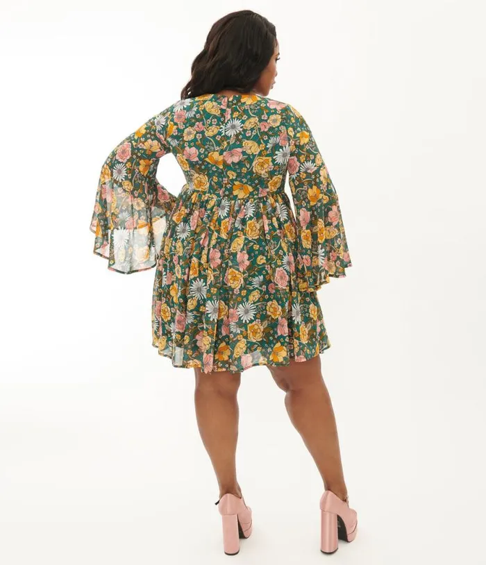 Plus Size Hunter Green Floral Empire Waist Dress DressesPlus Unique Vintage Babydoll