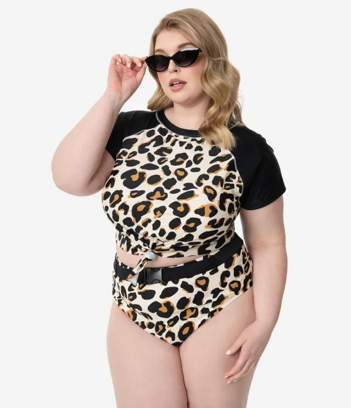 Plus Size Leopard Print Belted Swim Bottom Plus Unique Vintage Two Piece Swim