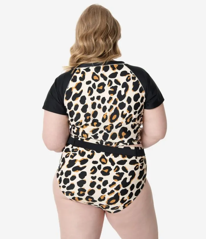 Plus Size Leopard Print Belted Swim Bottom Plus Unique Vintage Two Piece Swim