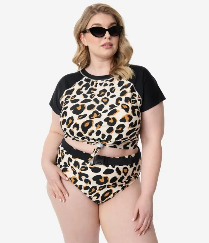 Plus Size Leopard Print Belted Swim Bottom Plus Unique Vintage Two Piece Swim