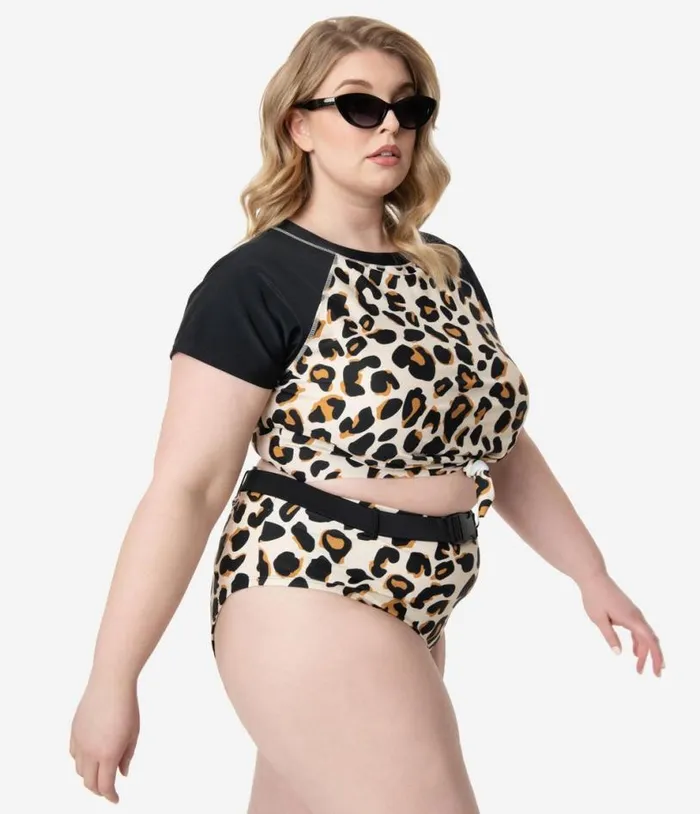 Plus Size Leopard Print Belted Swim Bottom Plus Unique Vintage Two Piece Swim