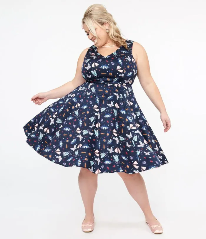 Plus Size Navy and Multicolor Bug Cotton Swing Dress DressesPlus Unique Vintage Swing Plus Size Navy and Multicolor Bug Cotton Swing Dress DressesPlus Unique Vintage Swing
