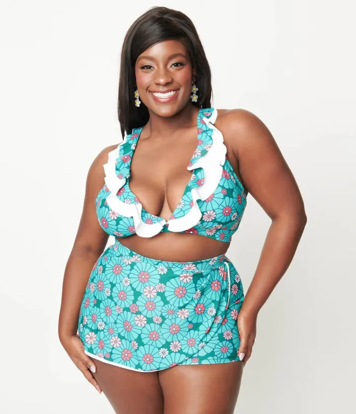 Plus Size Teal Flower Child High Waist Skort Swim Bottom Plus Unique Vintage Two Piece Swim