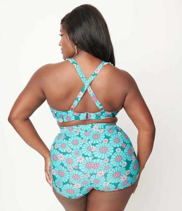 Plus Size Teal Flower Child High Waist Skort Swim Bottom Plus Unique Vintage Two Piece Swim