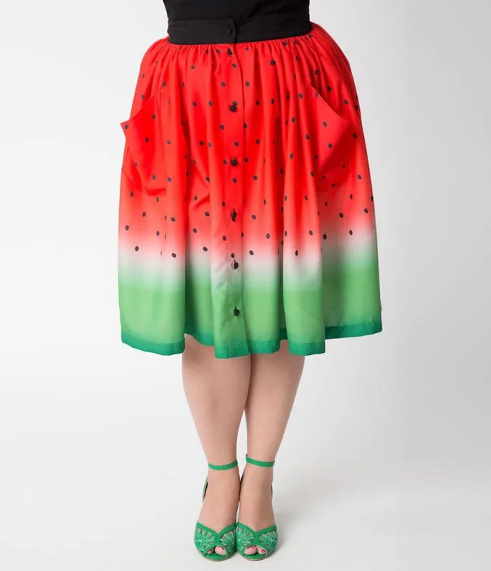 Plus Size Watermelon Ombre Button Up Elora Swing Skirt ClothingPlus Unique Vintage Skirts