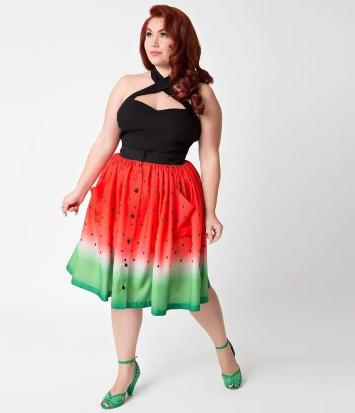 Plus Size Watermelon Ombre Button Up Elora Swing Skirt ClothingPlus Unique Vintage Skirts