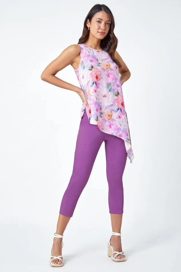 Purple Elastic Waist Cotton Denim Cropped Jegging Women Roman Trousers