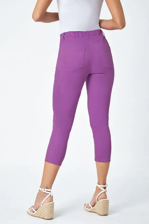 Purple Elastic Waist Cotton Denim Cropped Jegging Women Roman Trousers