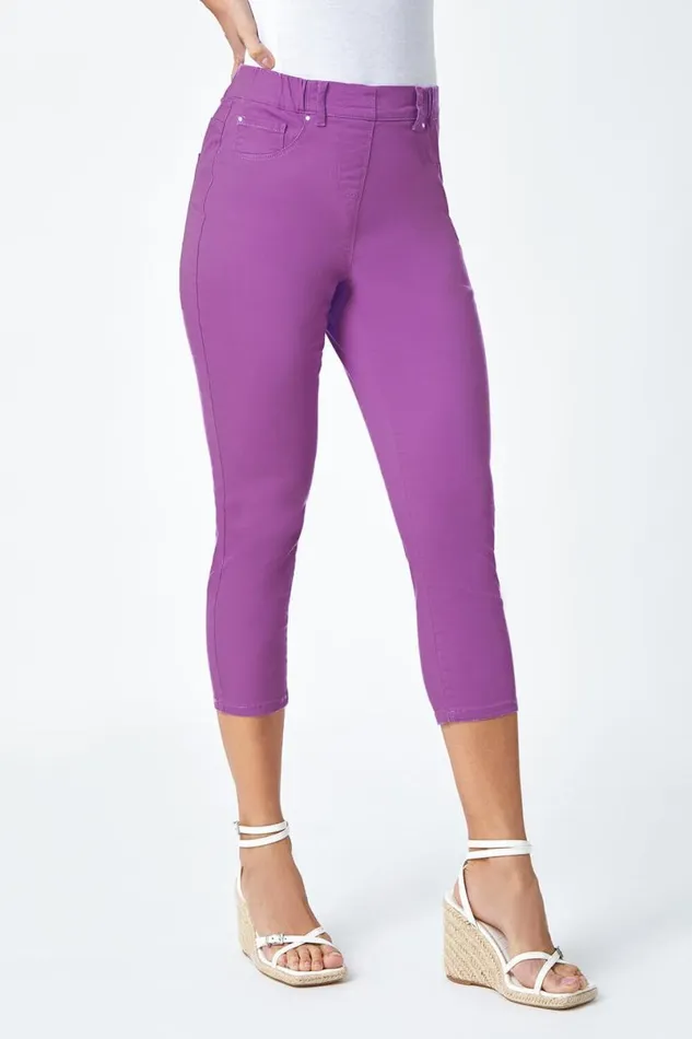 Purple Elastic Waist Cotton Denim Cropped Jegging Women Roman Trousers