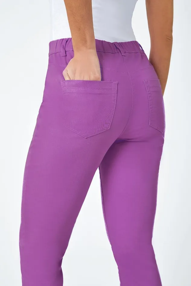 Purple Elastic Waist Cotton Denim Cropped Jegging Women Roman Trousers