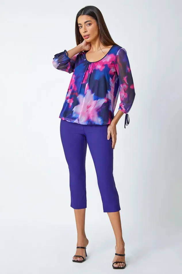 Purple Elastic Waist Stretch Cropped Trousers Women Roman Trousers